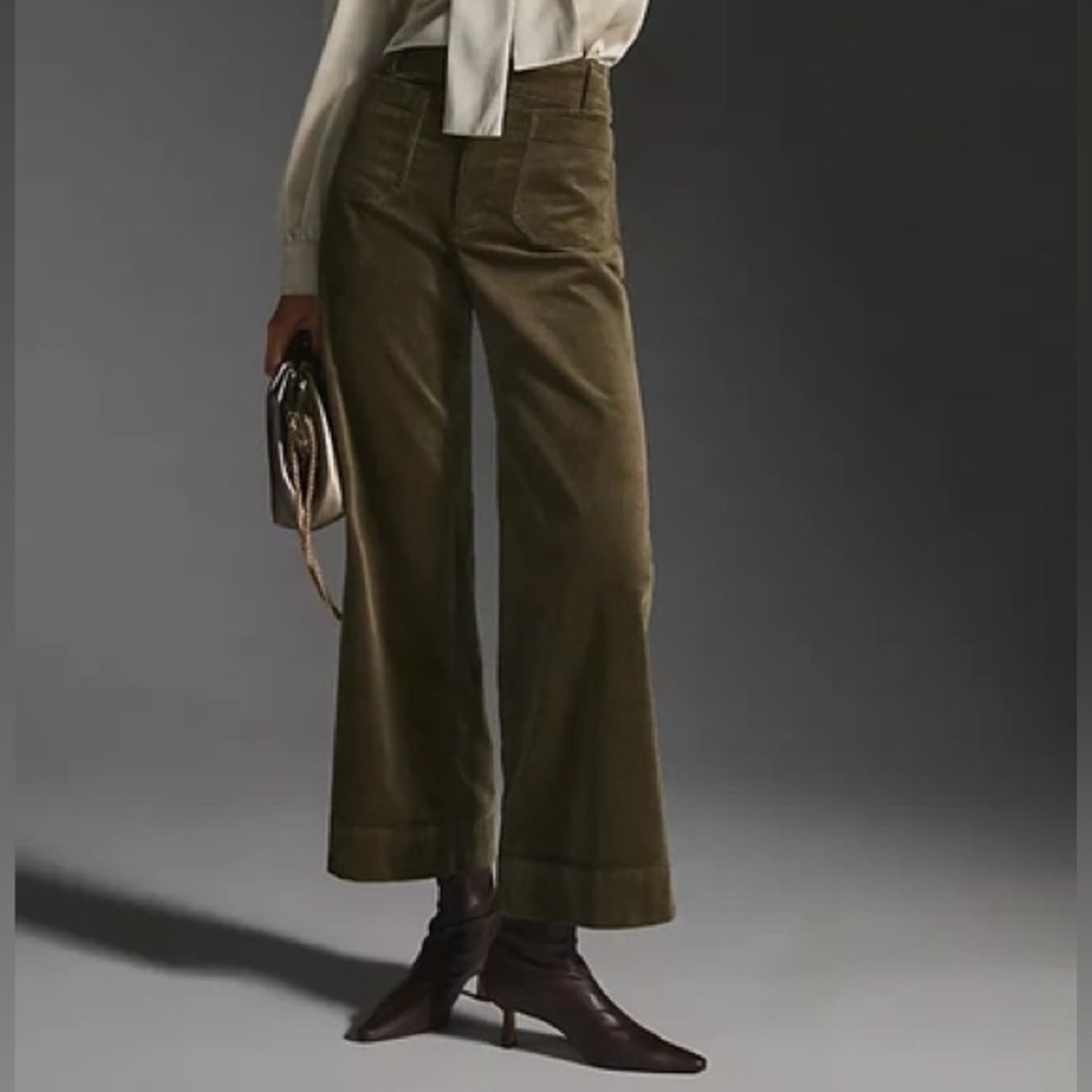 EUC Maeve Colette Cropped Wide-Leg Corduroy Pants, Green - 31 - Anthropologie